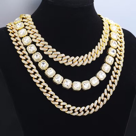 #612 3pcs/set Men's Jewelry Set Cuban Chain Necklace Se Hop Street Style - Picture 3 of 3